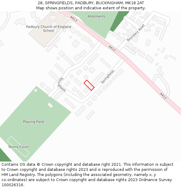 28, SPRINGFIELDS, PADBURY, BUCKINGHAM, MK18 2AT: Location map and indicative extent of plot