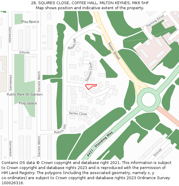 28, SQUIRES CLOSE, COFFEE HALL, MILTON KEYNES, MK6 5HF: Location map and indicative extent of plot