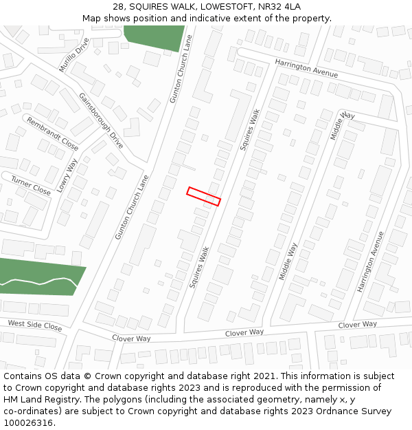 28, SQUIRES WALK, LOWESTOFT, NR32 4LA: Location map and indicative extent of plot