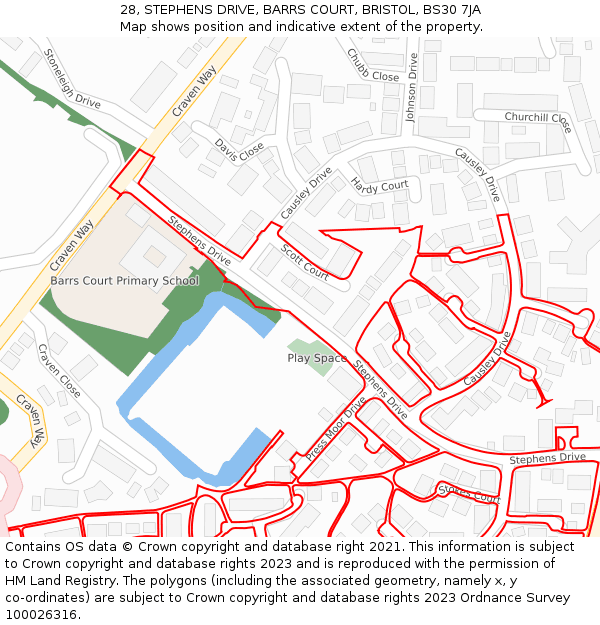 28, STEPHENS DRIVE, BARRS COURT, BRISTOL, BS30 7JA: Location map and indicative extent of plot