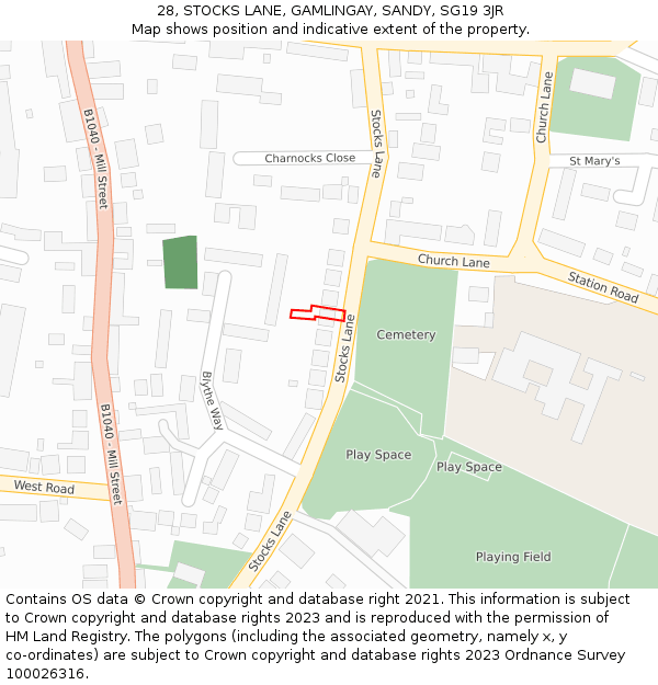 28, STOCKS LANE, GAMLINGAY, SANDY, SG19 3JR: Location map and indicative extent of plot