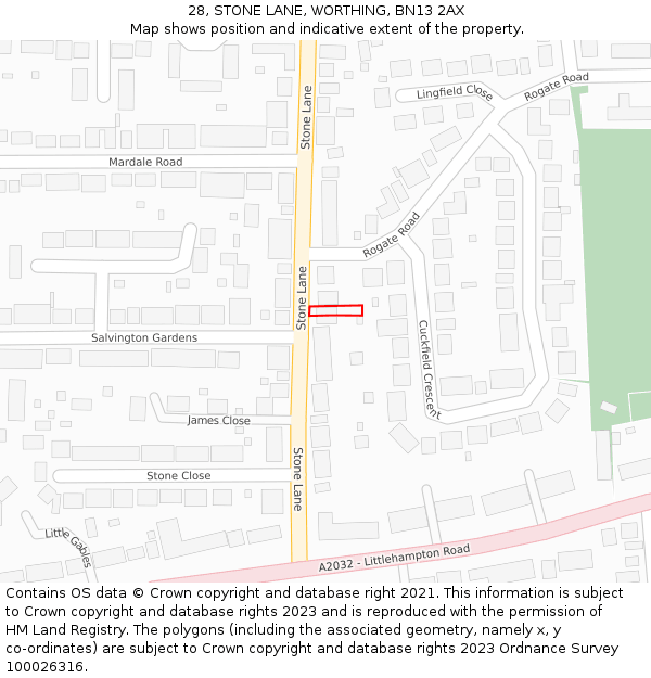 28, STONE LANE, WORTHING, BN13 2AX: Location map and indicative extent of plot