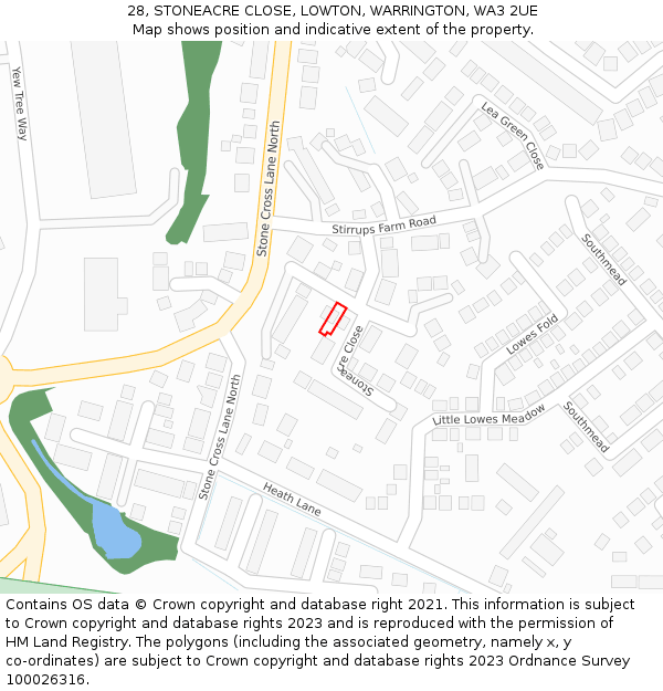 28, STONEACRE CLOSE, LOWTON, WARRINGTON, WA3 2UE: Location map and indicative extent of plot