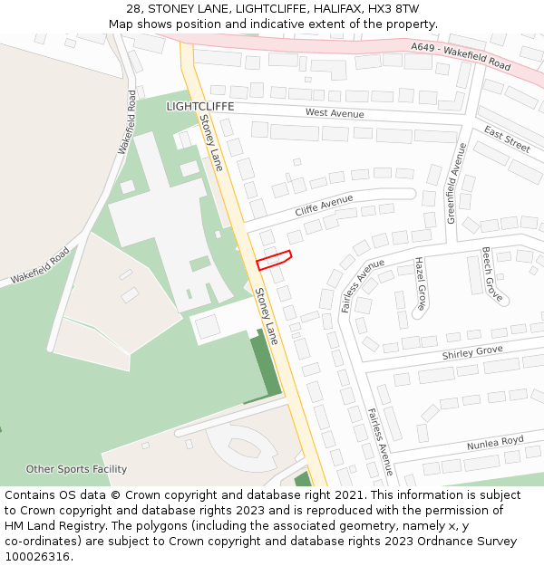 28, STONEY LANE, LIGHTCLIFFE, HALIFAX, HX3 8TW: Location map and indicative extent of plot