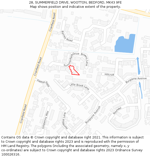 28, SUMMERFIELD DRIVE, WOOTTON, BEDFORD, MK43 9FE: Location map and indicative extent of plot