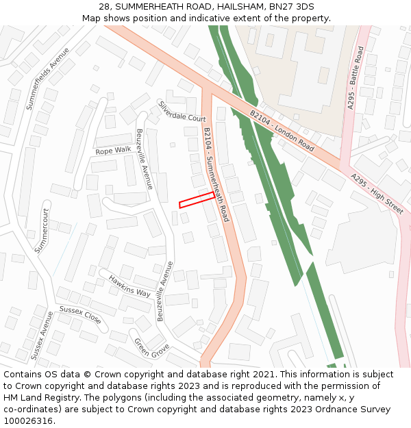 28, SUMMERHEATH ROAD, HAILSHAM, BN27 3DS: Location map and indicative extent of plot