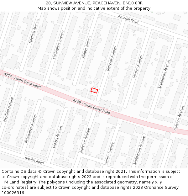 28, SUNVIEW AVENUE, PEACEHAVEN, BN10 8RR: Location map and indicative extent of plot