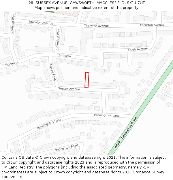 28, SUSSEX AVENUE, GAWSWORTH, MACCLESFIELD, SK11 7UT: Location map and indicative extent of plot