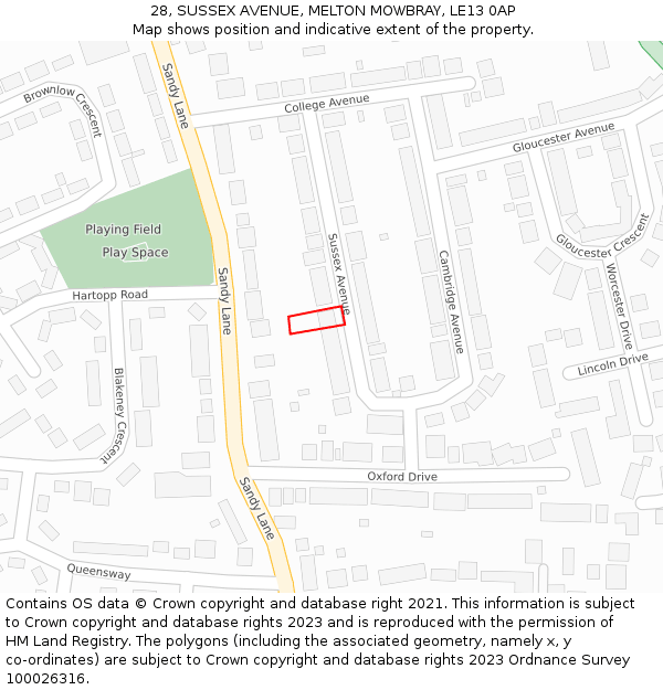 28, SUSSEX AVENUE, MELTON MOWBRAY, LE13 0AP: Location map and indicative extent of plot