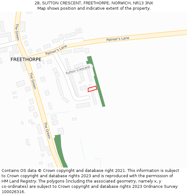 28, SUTTON CRESCENT, FREETHORPE, NORWICH, NR13 3NX: Location map and indicative extent of plot