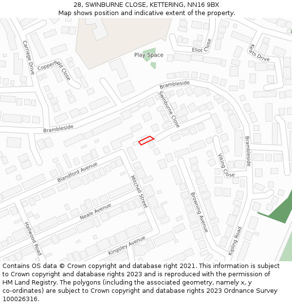 28, SWINBURNE CLOSE, KETTERING, NN16 9BX: Location map and indicative extent of plot