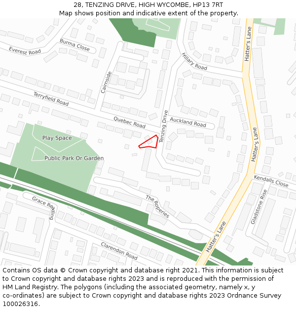 28, TENZING DRIVE, HIGH WYCOMBE, HP13 7RT: Location map and indicative extent of plot