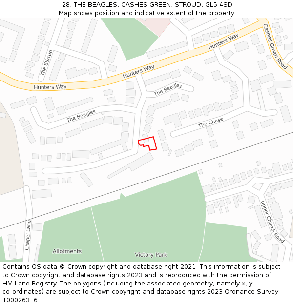 28, THE BEAGLES, CASHES GREEN, STROUD, GL5 4SD: Location map and indicative extent of plot