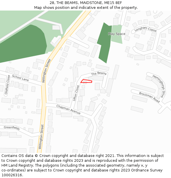 28, THE BEAMS, MAIDSTONE, ME15 8EF: Location map and indicative extent of plot