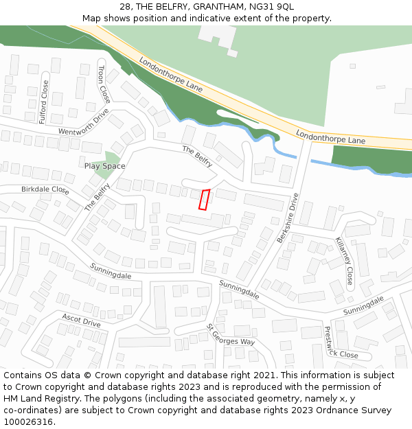 28, THE BELFRY, GRANTHAM, NG31 9QL: Location map and indicative extent of plot