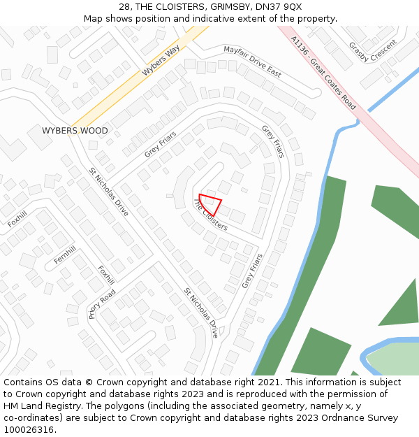 28, THE CLOISTERS, GRIMSBY, DN37 9QX: Location map and indicative extent of plot