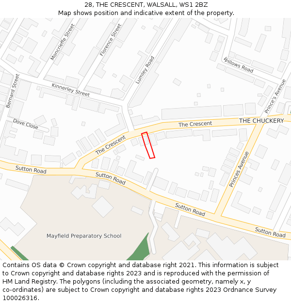 28, THE CRESCENT, WALSALL, WS1 2BZ: Location map and indicative extent of plot
