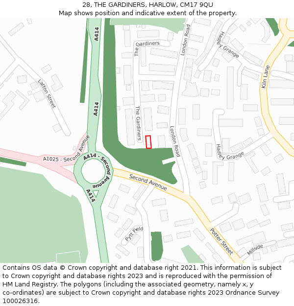 28, THE GARDINERS, HARLOW, CM17 9QU: Location map and indicative extent of plot