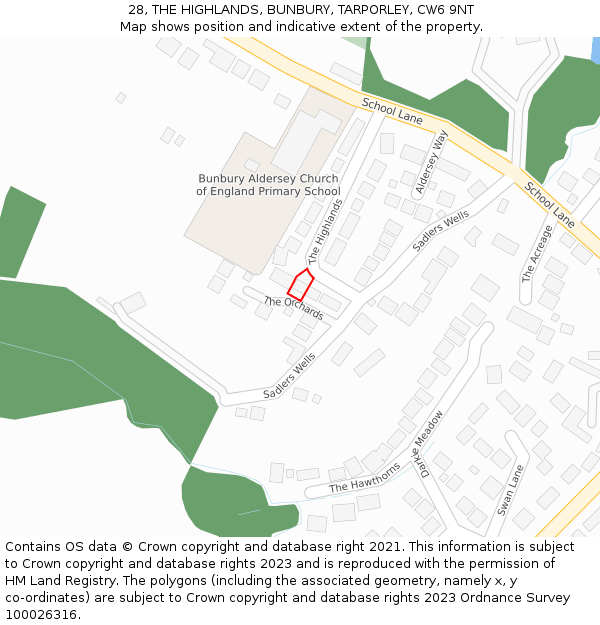 28, THE HIGHLANDS, BUNBURY, TARPORLEY, CW6 9NT: Location map and indicative extent of plot