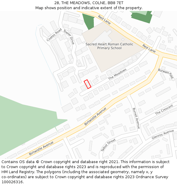 28, THE MEADOWS, COLNE, BB8 7ET: Location map and indicative extent of plot