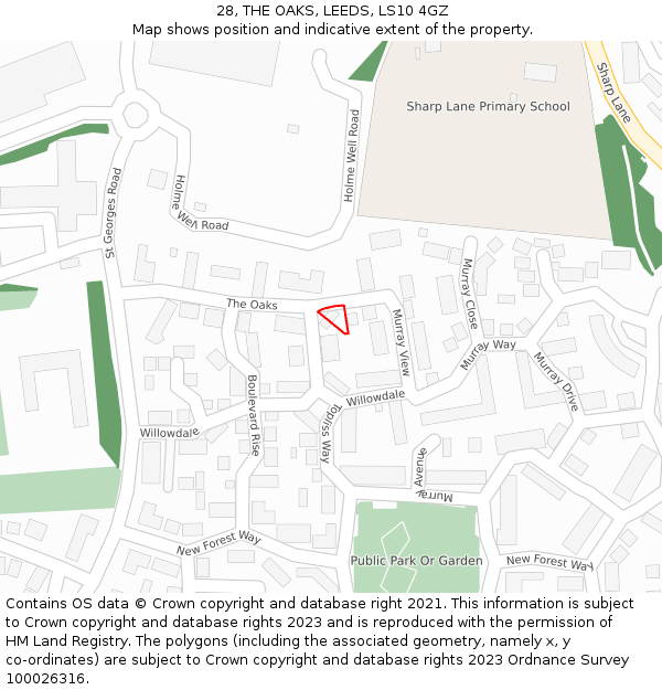 28, THE OAKS, LEEDS, LS10 4GZ: Location map and indicative extent of plot