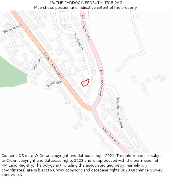 28, THE PADDOCK, REDRUTH, TR15 2AG: Location map and indicative extent of plot