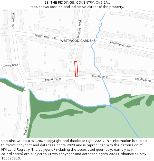 28, THE RIDDINGS, COVENTRY, CV5 6AU: Location map and indicative extent of plot