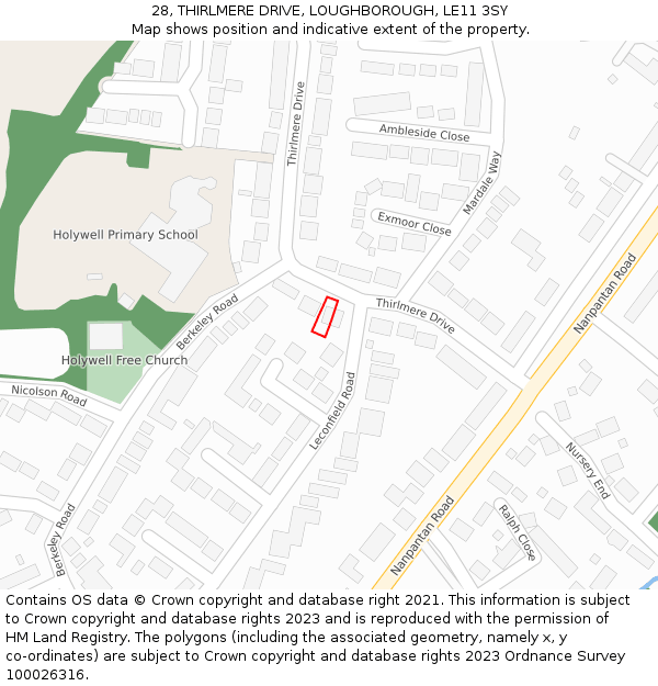 28, THIRLMERE DRIVE, LOUGHBOROUGH, LE11 3SY: Location map and indicative extent of plot