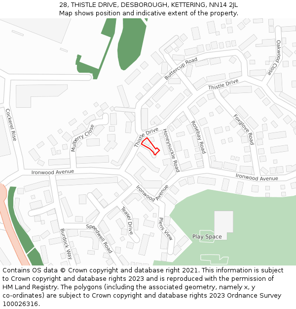 28, THISTLE DRIVE, DESBOROUGH, KETTERING, NN14 2JL: Location map and indicative extent of plot