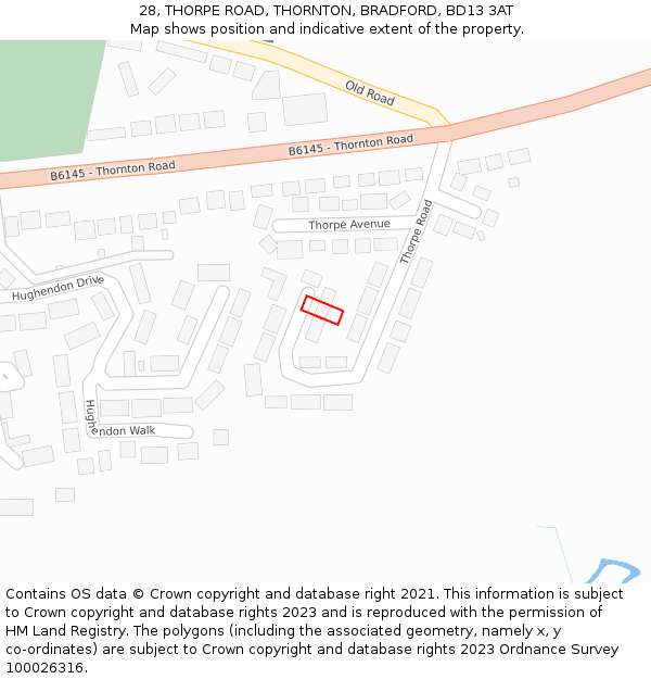 28, THORPE ROAD, THORNTON, BRADFORD, BD13 3AT: Location map and indicative extent of plot