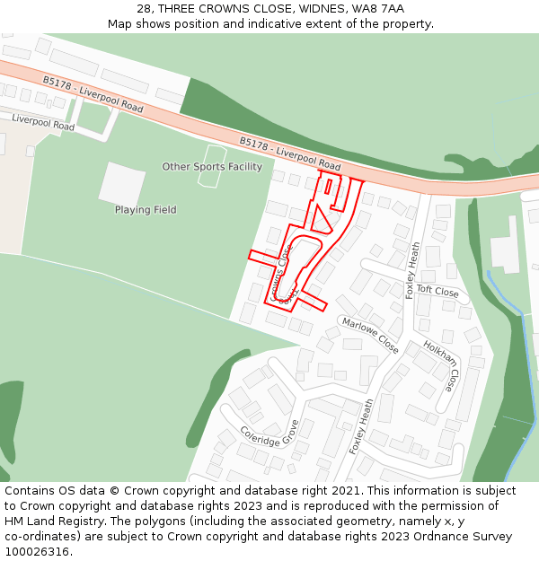 28, THREE CROWNS CLOSE, WIDNES, WA8 7AA: Location map and indicative extent of plot