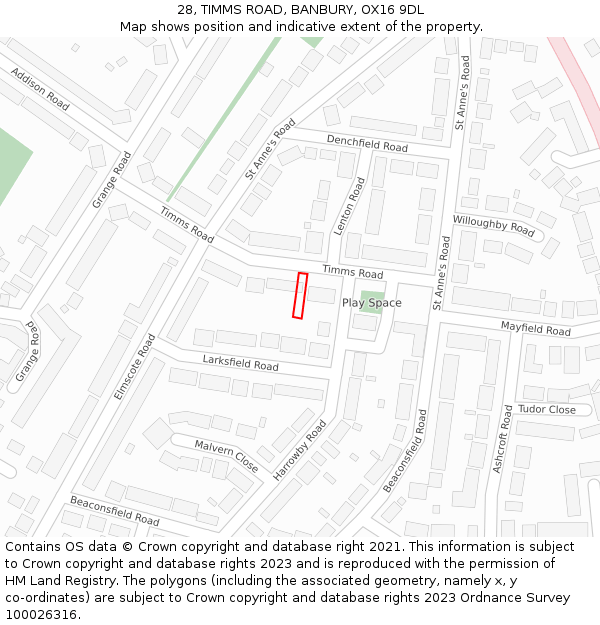 28, TIMMS ROAD, BANBURY, OX16 9DL: Location map and indicative extent of plot