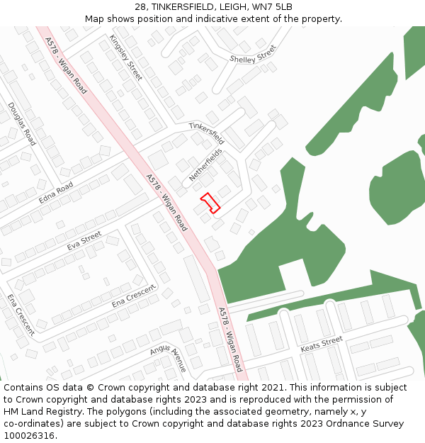 28, TINKERSFIELD, LEIGH, WN7 5LB: Location map and indicative extent of plot