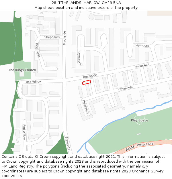 28, TITHELANDS, HARLOW, CM19 5NA: Location map and indicative extent of plot