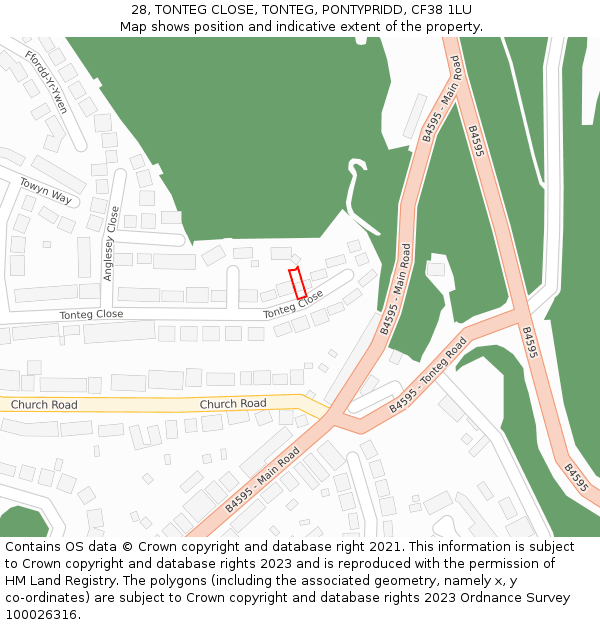 28, TONTEG CLOSE, TONTEG, PONTYPRIDD, CF38 1LU: Location map and indicative extent of plot