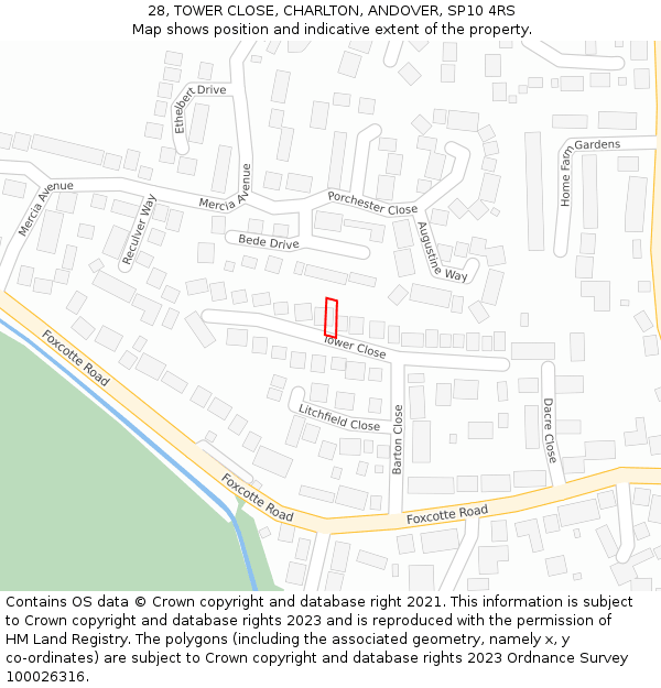 28, TOWER CLOSE, CHARLTON, ANDOVER, SP10 4RS: Location map and indicative extent of plot
