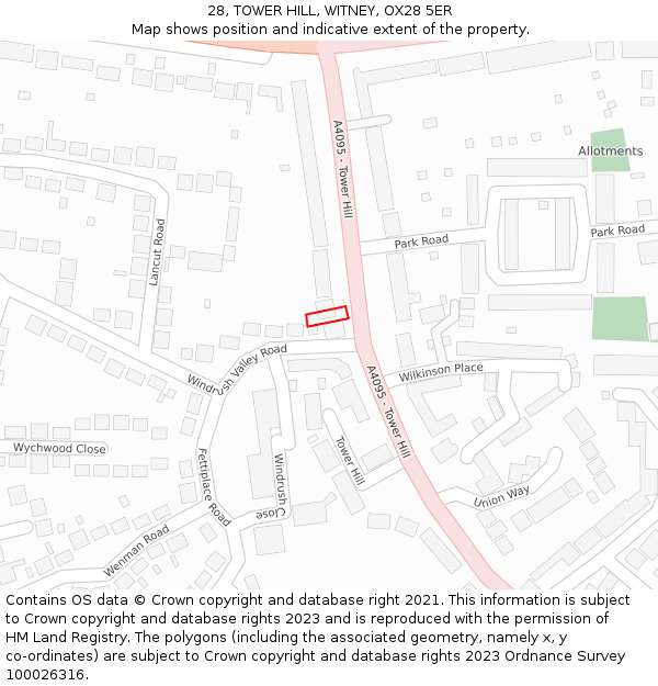 28, TOWER HILL, WITNEY, OX28 5ER: Location map and indicative extent of plot