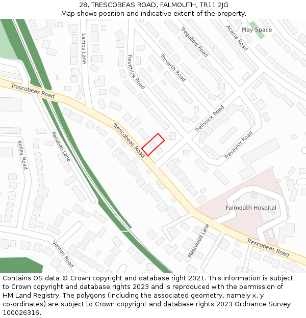 28, TRESCOBEAS ROAD, FALMOUTH, TR11 2JG: Location map and indicative extent of plot