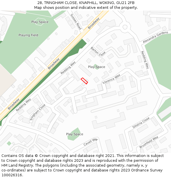 28, TRINGHAM CLOSE, KNAPHILL, WOKING, GU21 2FB: Location map and indicative extent of plot