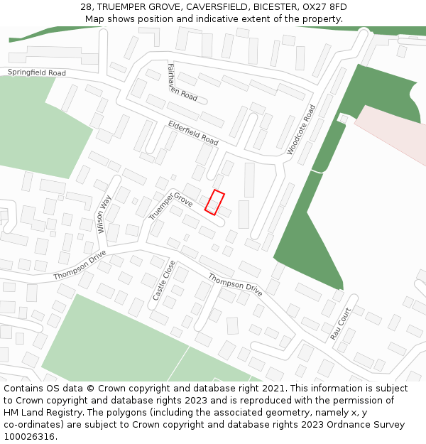 28, TRUEMPER GROVE, CAVERSFIELD, BICESTER, OX27 8FD: Location map and indicative extent of plot