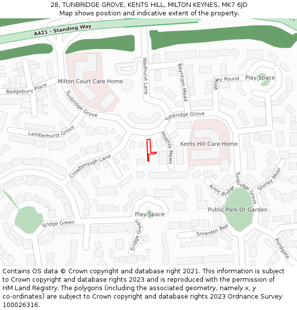 28, TUNBRIDGE GROVE, KENTS HILL, MILTON KEYNES, MK7 6JD: Location map and indicative extent of plot
