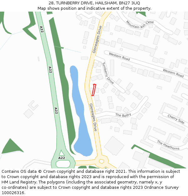 28, TURNBERRY DRIVE, HAILSHAM, BN27 3UQ: Location map and indicative extent of plot