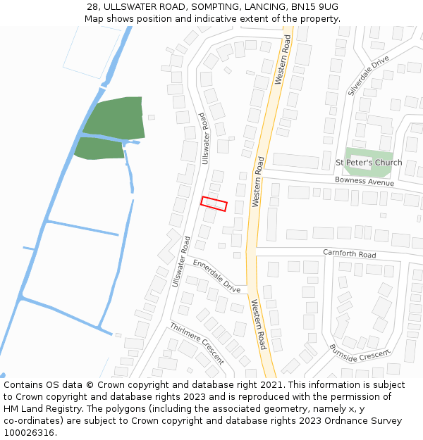 28, ULLSWATER ROAD, SOMPTING, LANCING, BN15 9UG: Location map and indicative extent of plot