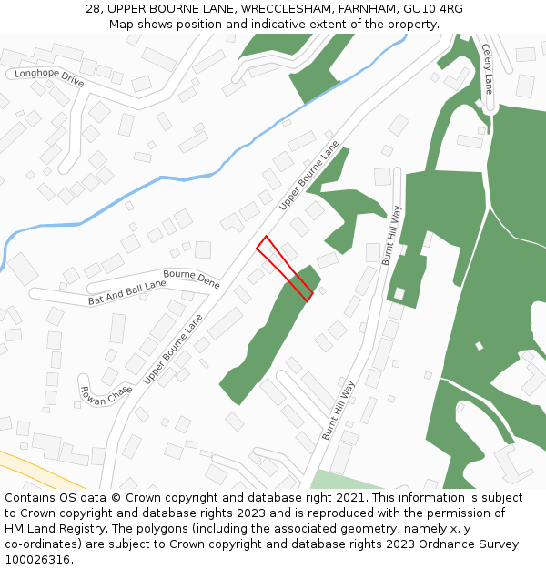 28, UPPER BOURNE LANE, WRECCLESHAM, FARNHAM, GU10 4RG: Location map and indicative extent of plot