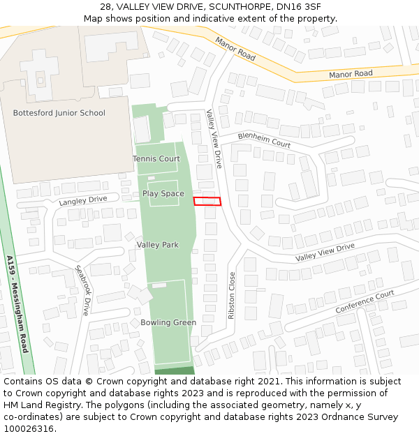 28, VALLEY VIEW DRIVE, SCUNTHORPE, DN16 3SF: Location map and indicative extent of plot