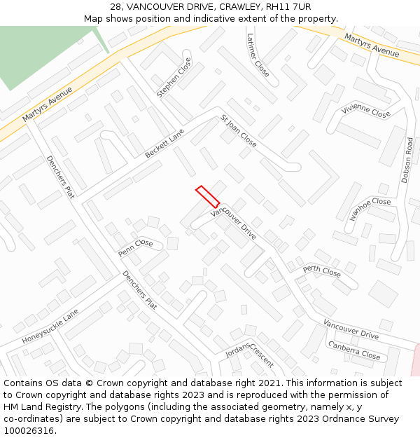 28, VANCOUVER DRIVE, CRAWLEY, RH11 7UR: Location map and indicative extent of plot