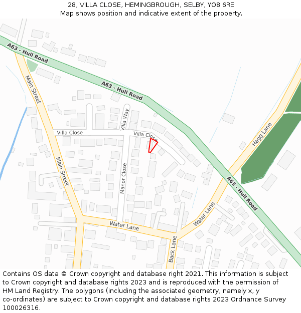 28, VILLA CLOSE, HEMINGBROUGH, SELBY, YO8 6RE: Location map and indicative extent of plot