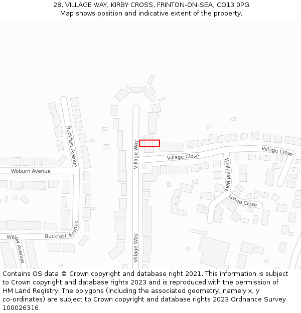 28, VILLAGE WAY, KIRBY CROSS, FRINTON-ON-SEA, CO13 0PG: Location map and indicative extent of plot