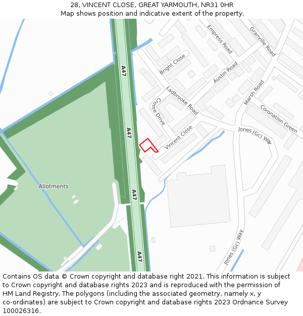 28, VINCENT CLOSE, GREAT YARMOUTH, NR31 0HR: Location map and indicative extent of plot