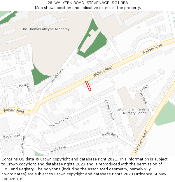 28, WALKERN ROAD, STEVENAGE, SG1 3RA: Location map and indicative extent of plot